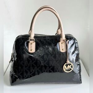 Michael Kors Black Patent Logo Satchel with Pale Pink Handles